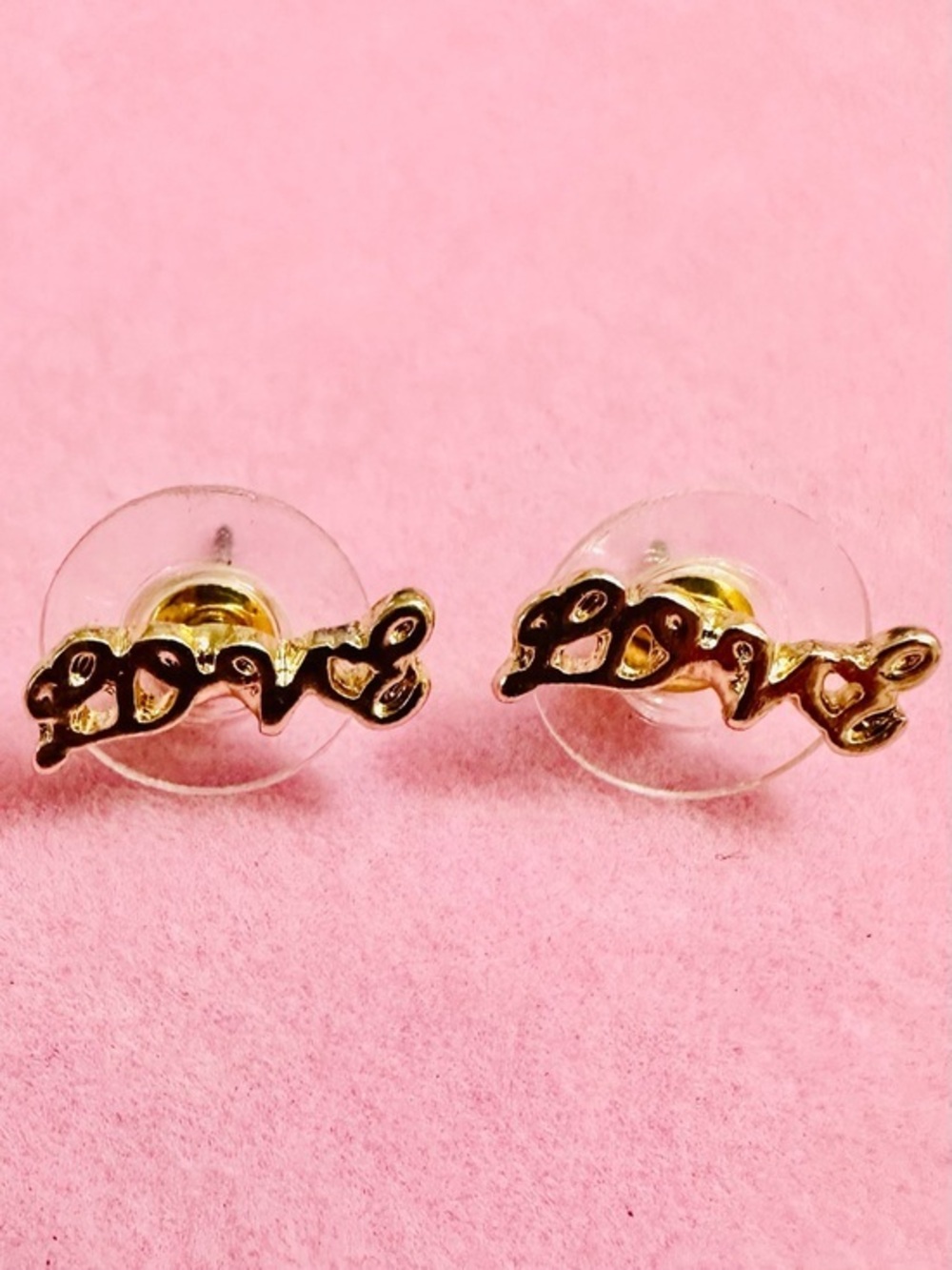 Gold Tone Love Script Stud Earrings
